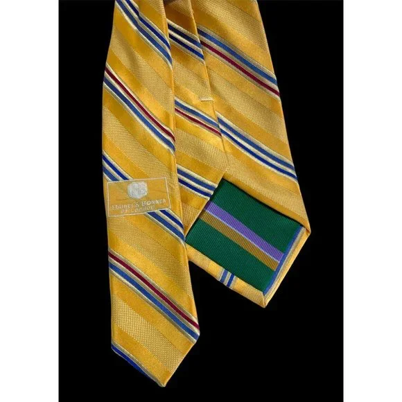 🆕HAINES & BONNER Yellow Striped Silk HANDMADE Tie 60"/ 3.5" NWOT - Picture 3 of 4